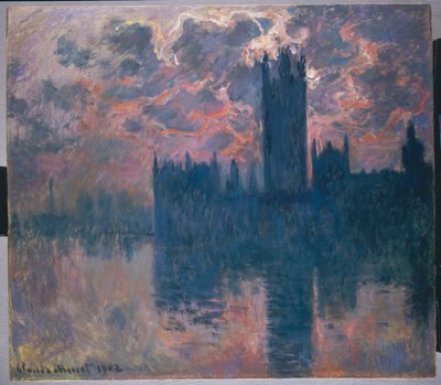 Domy Parlamentu, zachód słońca, 1902 autorstwa Claude Monet