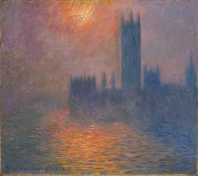 Domy Parlamentu, zachód słońca autorstwa Claude Monet