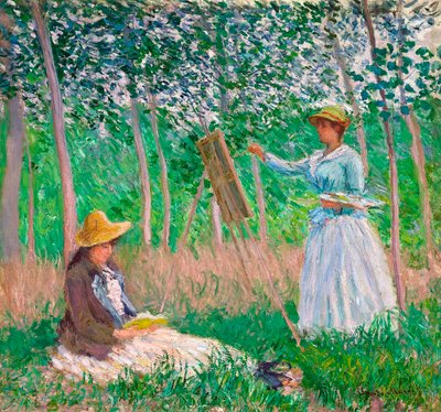 W lesie w Giverny: Blanche Hoschedé w jej sztalugach z Suzanne Hoschedé Reading, 1887 autorstwa Claude Monet
