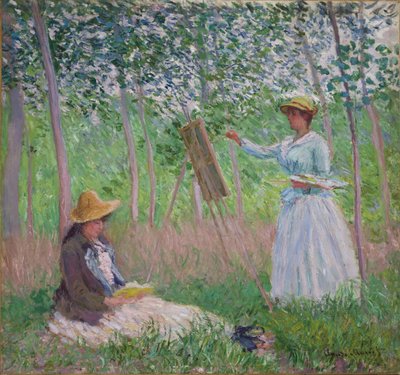 W lesie w Giverny: Blanche Hoschede przy sztalugach z czytaniem Suzanne Hoschede, 1887 autorstwa Claude Monet