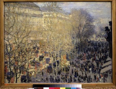 ""Le boulevard des Capucines"" Tłum przechodniów i ruch uliczny w paryskiej dzielnicy Opera. Obraz Claude