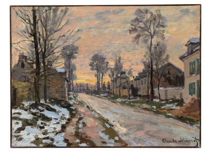 Droga do Louveciennes, topniejący śnieg, zachodzące słońce, ok. 1869-70 autorstwa Claude Monet