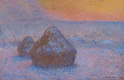 Stosy pszenicy Zachód słońca, efekt śniegu, 189091. autorstwa Claude Monet