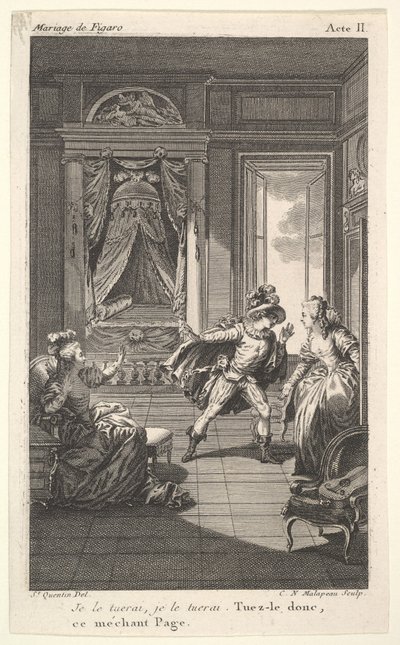 Mężczyzna pochyla się w kierunku kobiety stojącej w drzwiach po prawej, po lewej siedząca kobieta podnosi..., ok. godz. 1784. autorstwa Claude Nicolas Malapeau