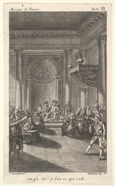 Mężczyzna siedzący na krześle na schodkowej platformie trzyma publiczność, dwaj wskazujący mężczyźni stoją..., ca. 1784. autorstwa Claude Nicolas Malapeau