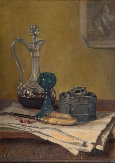Martwa natura z gazety, fajki, karafki i słoika, 1887. autorstwa Claude Pratt