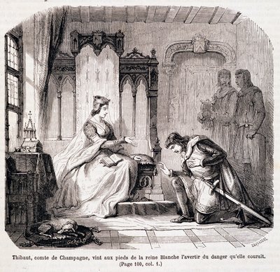 Thibaut, hrabia Szampanii, podszedł do stóp królowej Blanche z Kastylii, aby ostrzec ją przed niebezpieczeństwem, które ucieka - w „Paryżu przez wiek” de Genouillac autorstwa Claude Sauvageot