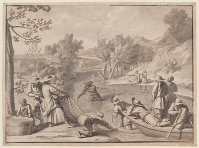 Sierpień: Wędkarstwo, ok. 1700 r. (tusz) autorstwa Claude Simpol