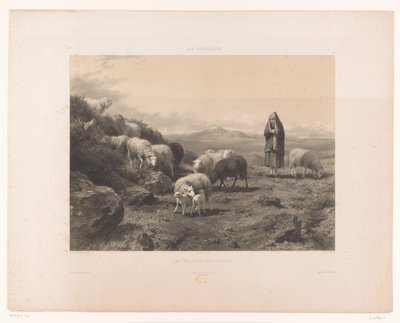 Pasterka z owcami na równinie Cantal Les Vallées du Cantal (tytuł na obiekcie) Pastwiska (tytuł serii) Les paturages (tytuł serii na obiekcie) autorstwa Claude Thielley