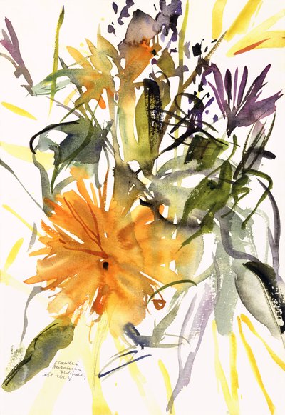 Nagietek i inne kwiaty, 2004 (akwarela) autorstwa Claudia Hutchins Puechavy