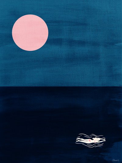 „Midnight Swim Pink Moon” – abstrakcyjny plakat z motywem oceanicznym autorstwa Claudia Spano'