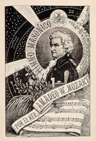 Reprezentacja austriackiego kompozytora Wolfganga Amadeusza Mozarta (1756-1791), wolnomularza związanego z Encyklopedycznym Słownikiem Masonerii, koniec XIX - początek XX wieku (rycina) autorstwa Claudio Castelucho