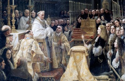 Karol II Hiszpański w adoracji Najświętszej Eucharystii autorstwa Claudio Coello