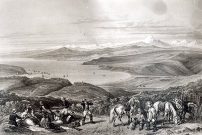 Widok z daleka na wulkan Aconcagua, z „Historii de Chile” grawerowanej przez F. Lehnerta autorstwa Claudio Gay
