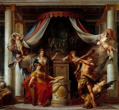 Alegoria Rewolucji: w centrum Minerve przekazuje Herkulesowi tajemnicę, która znosi wady ancienowego reżimu Obraz Clementa Belle (1722-1806) 1794 nd. 3,56x3,86 m² autorstwa Clement Louis Marie Anne Belle