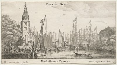 Różne statki i widoki Amsterdamu (Verscheÿde Schepen en Gesichten van Amstelredam), część II: Kanał pod Amsterdamem i Wieża Monkel autorstwa Clement de Jonghe