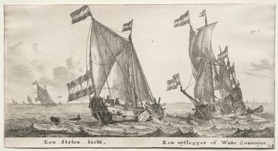 Różne statki i widoki Amsterdamu (Verscheÿde Schepen en Gesichten van Amstelredam), Część II: Holenderski Jacht Admiralicji. Statek strażniczy autorstwa Clement de Jonghe