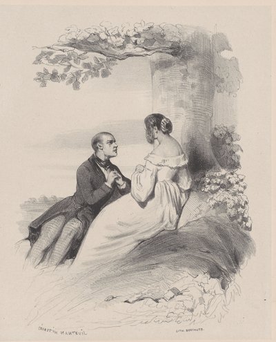 Mężczyzna oświadczający się kobiecie, której twarz jest zakryta włosami, ca. 1830-65. autorstwa Célestin Nanteuil
