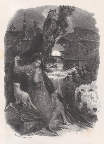 Noc, winieta dziewczyny w XVIII-wiecznym stroju zbierającej róże na rewersie, ok. godz. 1830-65. autorstwa Célestin Nanteuil