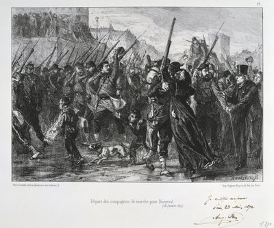 Wojna francusko-pruska 1870-1871: Bitwa pod Buzenval (Góra Valerien) w pobliżu Wersalu 19 stycznia 1871. Garde National maszeruje do bitwy i klęski. Z serii litografii Clementa Augusta Andrieux na temat Gardes Nationales. autorstwa Clément Auguste Andrieux