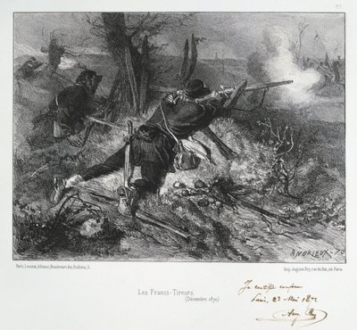 Wojna francusko-pruska 1870-1871: francuscy strzelcy. Z serii litografii Clementa Augusta Andrieux na temat Gardes Nationales. autorstwa Clément Auguste Andrieux