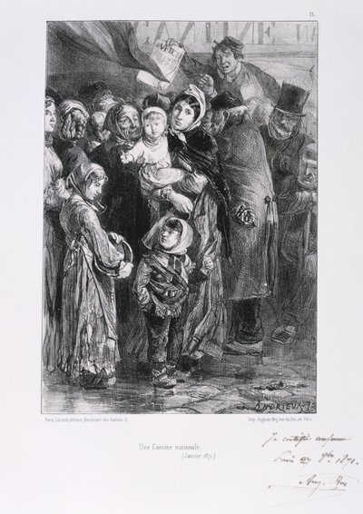 Wojna francusko-pruska 1870-1871. Oblężenie Paryża 19 września 1870-28 stycznia 1871. Narodowa jadłodajnia w Paryżu, styczeń 1871. Z serii litografii Clementa Augusta Andrieux na temat Gardes Nationales. Głód niedoboru żywności autorstwa Clément Auguste Andrieux