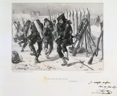 Wojna francusko-pruska 1870-1871. Oblężenie Paryża 19 września 1870-28 stycznia 1871. Żołnierze na wałach skaczą, żeby się ogrzać. Z serii litografii Clementa Augusta Andrieux na temat Gardes Nationales. autorstwa Clément Auguste Andrieux