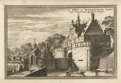 Widok na Waterslootse Poort w Delft St. Ioris lub Waterslootse Poort to nie Hof lub Hoge Vierschaer van Delflandt (tytuł na obiekcie) autorstwa Coenraet Decker (attributed to)
