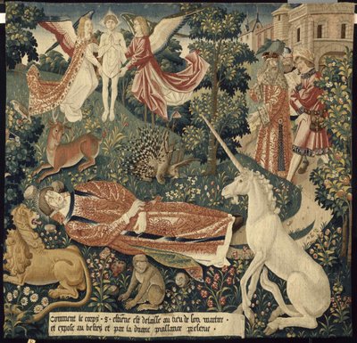 Jednorożec. Od: Powieszenie św. Szczepana. Scena 8: Ciało męczennika wystawione na działanie bestii, ok. godz. 1500. autorstwa Colijn de Coter after