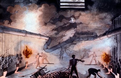 Retorty ładujące w Gas Light Establishment, Brick Lane, Londyn, 1822 r autorstwa Colin Mackenzie