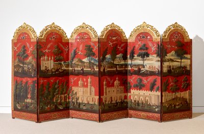 Biombo z widokami miasta Meksyk (olej na czerwonym lakierze maki-e na panelu, z pozłacanymi drewnianymi mocowaniami i lnianym podkładem) autorstwa Colonial Spanish
