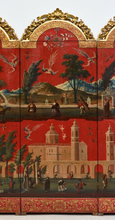 Biombo z widokami miasta Meksyk (olej na czerwonym lakierze maki-e na panelu, z pozłacanymi drewnianymi mocowaniami i lnianym podkładem) autorstwa Colonial Spanish