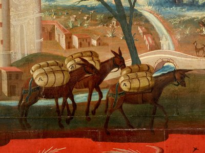 Biombo z widokami miasta Meksyk (olej na czerwonym lakierze maki-e na panelu, z pozłacanymi drewnianymi mocowaniami i lnianym podkładem) autorstwa Colonial Spanish