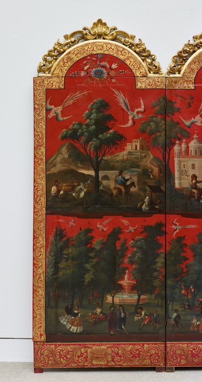 Biombo z widokami miasta Meksyk (olej na czerwonym lakierze maki-e na panelu, z pozłacanymi drewnianymi mocowaniami i lnianym podkładem) autorstwa Colonial Spanish