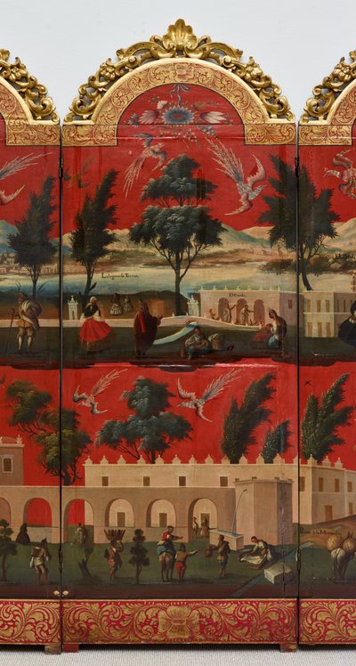 Biombo z widokami miasta Meksyk (olej na czerwonym lakierze maki-e na panelu, z pozłacanymi drewnianymi mocowaniami i lnianym podkładem) autorstwa Colonial Spanish