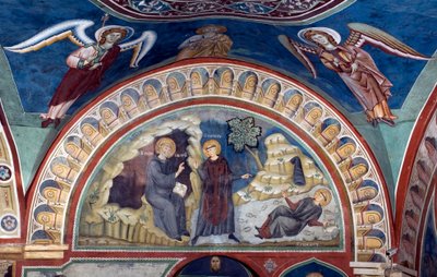 Cud świętego Placyda Święty Benedykt z Nursji, dzięki interwencji świętego Maura, swojego pierwszego ucznia, ratuje młodego Placyda, który wpadł w nurt jeziora. Fresk Mistrza Consolo (XIII w.) Dolny kościół. Klasztor św. Benedykta ( autorstwa Consolo 