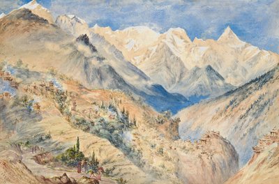 Szczyty Khylas i wioska Pangi trzy mile nad CHINE na Sutledge autorstwa Constance Frederica Gordon Cumming