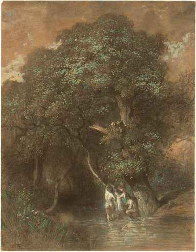 Kąpiący się pod olbrzymim dębem, ok. 1842-1844 (węgiel na papierze) autorstwa Constant-Emile Troyon
