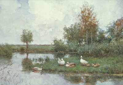 Kaczki w pejzażu rzeki (olej na płótnie) autorstwa Constant Artz