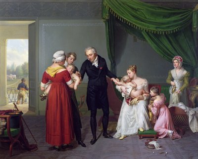 Baron Jean Louis Alibert (1768-1837) przeprowadza szczepienie przeciwko ospie w zamku Liancourt, ok. 1930 r. 1820 autorstwa Constant Joseph Desbordes
