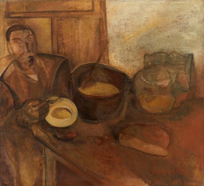 Mężczyzna jedzący zupę mleczną (olej na płótnie) autorstwa Constant Permeke