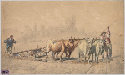 Cztery woły ciągnące pług, 1853. autorstwa Constant Troyon