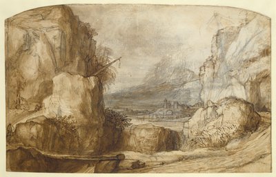 Górski krajobraz (długopis, brązowy tusz, pędzel i kreda na papierze) autorstwa Constantin Daniel van Renesse