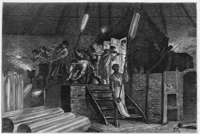 Wewnątrz naczynia szklanego, w Lodelinsart (lub Lodlinsat, w miejscowości Charleroi). Grawer autorstwa Constanta Meuniera, aby zilustrować historię „Belgia” autorstwa Camille Lemonnier (1844-1913) belgijskiego pisarza. Opublikowano w Le Tour du monde, nouv autorstwa Constantin Emile Meunier