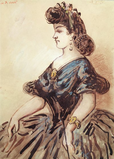 Połowa długości portret kobiety (wc i tusz na papierze) autorstwa Constantin Guys