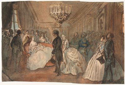 Cesarzowa Eugenia otrzymuje korpus dyplomatyczny po narodzinach księcia cesarskiego, 1800. autorstwa Constantin Guys