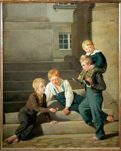 Chłopcy grający w kości przed pałacem Christiansborg w Kopenhadze (obraz na płótnie) autorstwa Constantin Hansen