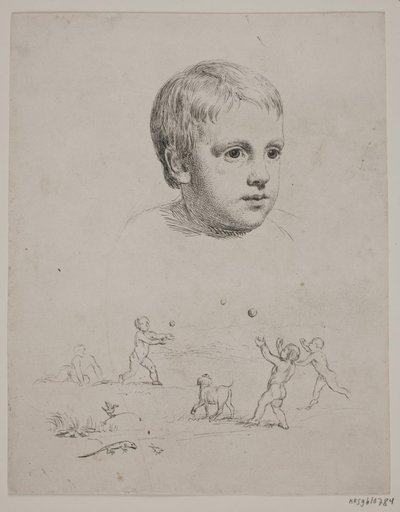 Górny portret T. N. Thiele jako dziecka, poniżej czterech chłopców grających w piłkę autorstwa Constantin Hansen