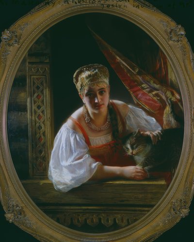 Rosyjska piękność z kotem autorstwa Constantine Egorovitch Makovsky