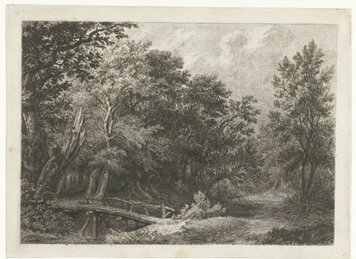 Widok na las z drewnianym mostem autorstwa Constantinus Cornelis Huysmans